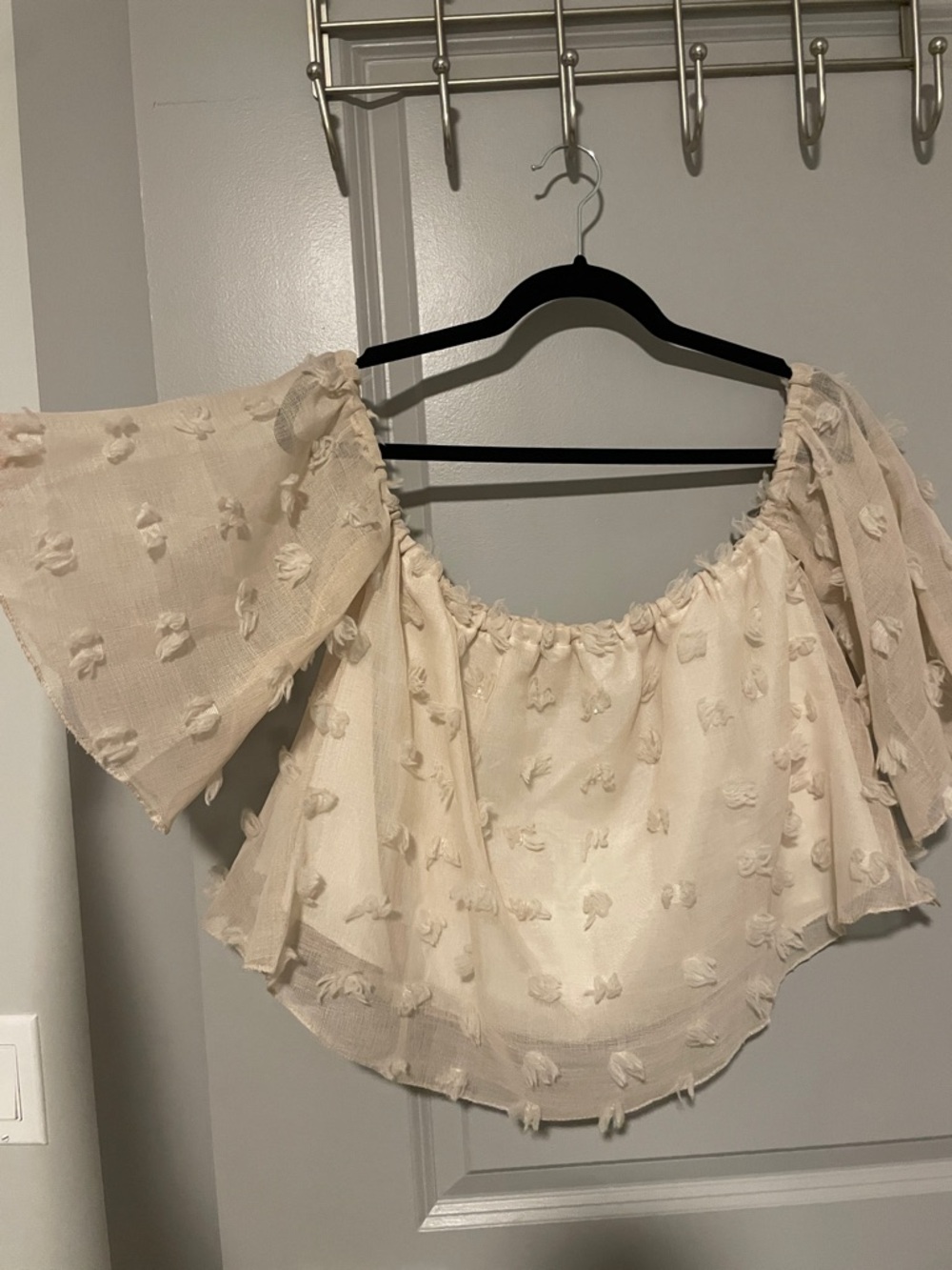 Off-Shoulder Cream Textured Flutter-Sleeve Top
